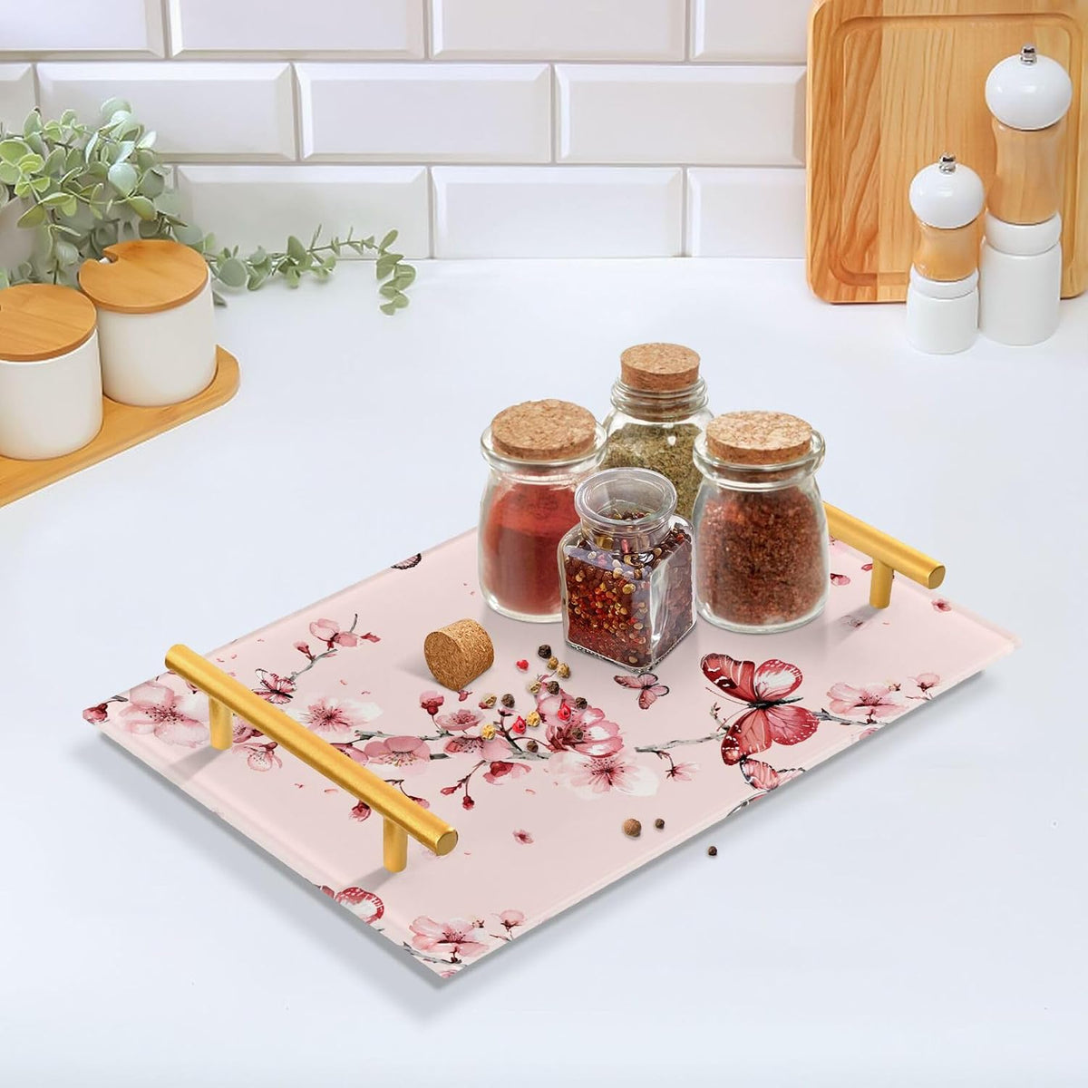 Pink Cherry Flowers Blossom Retro Decorative Tray with Handles Handled Serving Tray Eating Tray for Jewelry Perfume Living Room Kitchen Serving