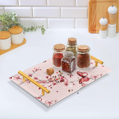 Pink Cherry Flowers Blossom Retro Decorative Tray with Handles Handled Serving Tray Eating Tray for Jewelry Perfume Living Room Kitchen Serving