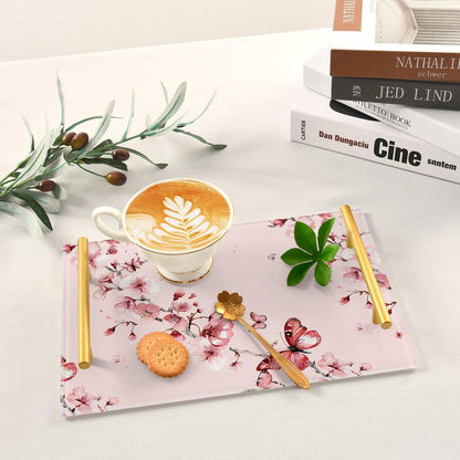 Pink Cherry Flowers Blossom Retro Decorative Tray with Handles Handled Serving Tray Eating Tray for Jewelry Perfume Living Room Kitchen Serving