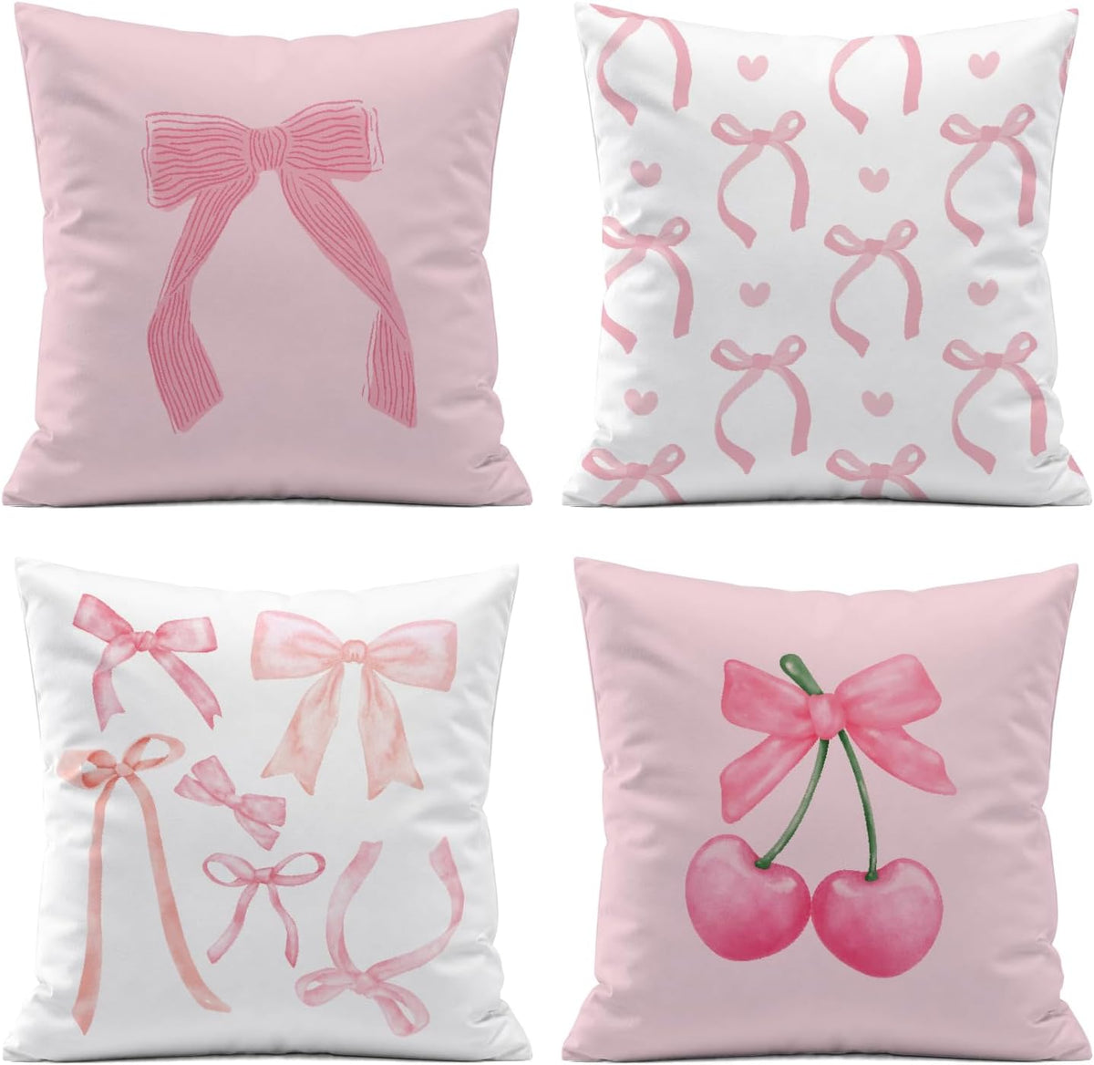 Coquette Room Decor,Pink Cute Bow Throw Pillow Covers 18x18 Set of 4,Gifts for Teen Girls Women,Pink Decorative Pillowcase for Sofa Couch Bedroom Chair Home