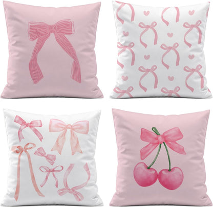 Coquette Room Decor,Pink Cute Bow Throw Pillow Covers 18x18 Set of 4,Gifts for Teen Girls Women,Pink Decorative Pillowcase for Sofa Couch Bedroom Chair Home