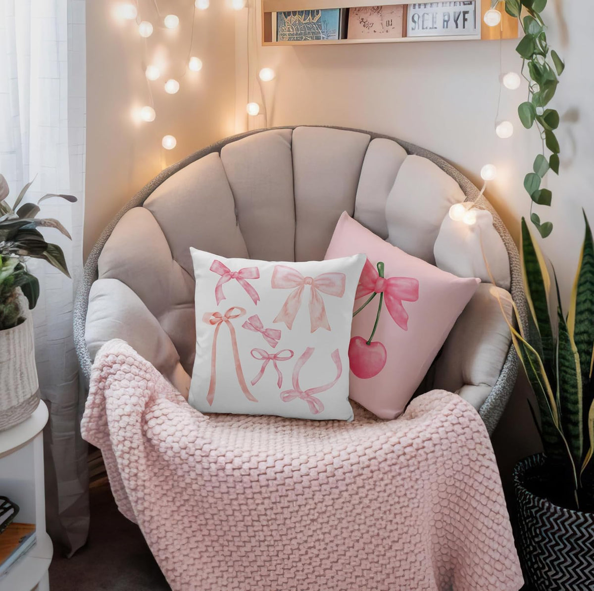 Coquette Room Decor,Pink Cute Bow Throw Pillow Covers 18x18 Set of 4,Gifts for Teen Girls Women,Pink Decorative Pillowcase for Sofa Couch Bedroom Chair Home