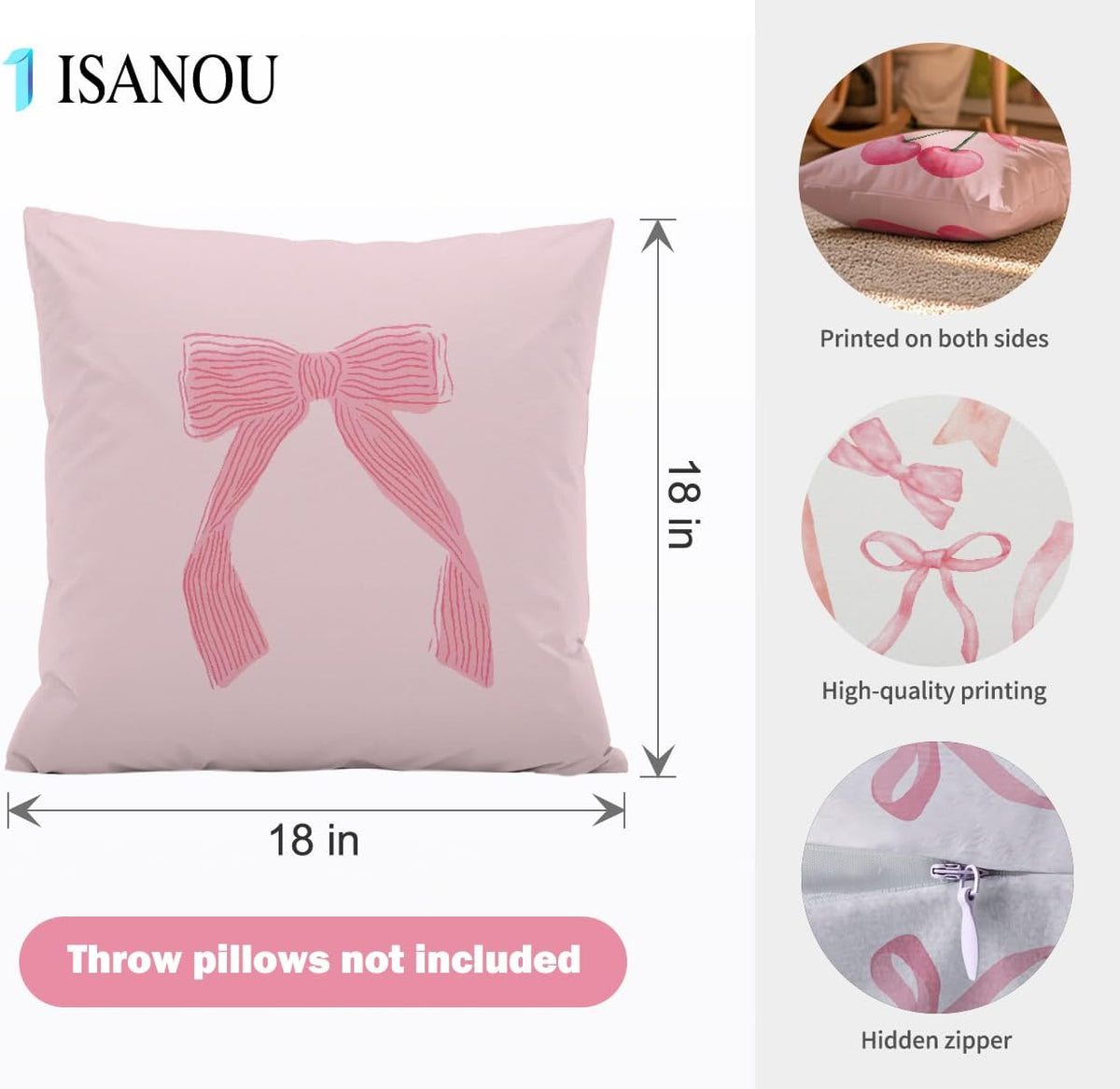 Coquette Room Decor,Pink Cute Bow Throw Pillow Covers 18x18 Set of 4,Gifts for Teen Girls Women,Pink Decorative Pillowcase for Sofa Couch Bedroom Chair Home