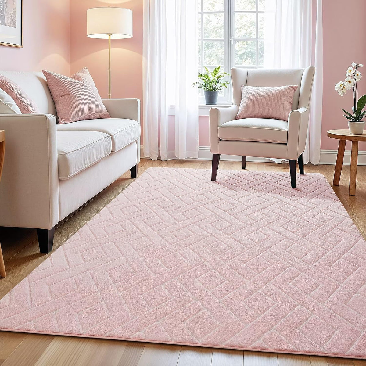 Soft Area Rug for Girls Bedroom, 3x5 Pink Geometric Shag Rugs