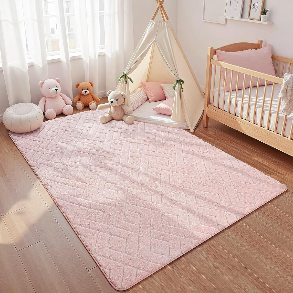Soft Area Rug for Girls Bedroom, 3x5 Pink Geometric Shag Rugs