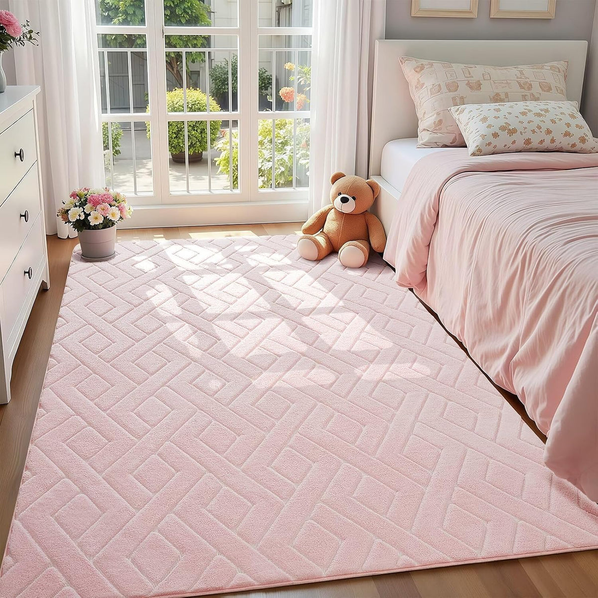 Soft Area Rug for Girls Bedroom, 3x5 Pink Geometric Shag Rugs