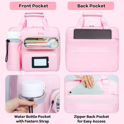 3 Inch D-Ring Zipper Binder Bag, 700 Sheet Capacity Multi-Pockets Organizer, 13 Inch Laptop Carrying Case with Bottle Holder& Shoulder Strap for School Office (Pink)