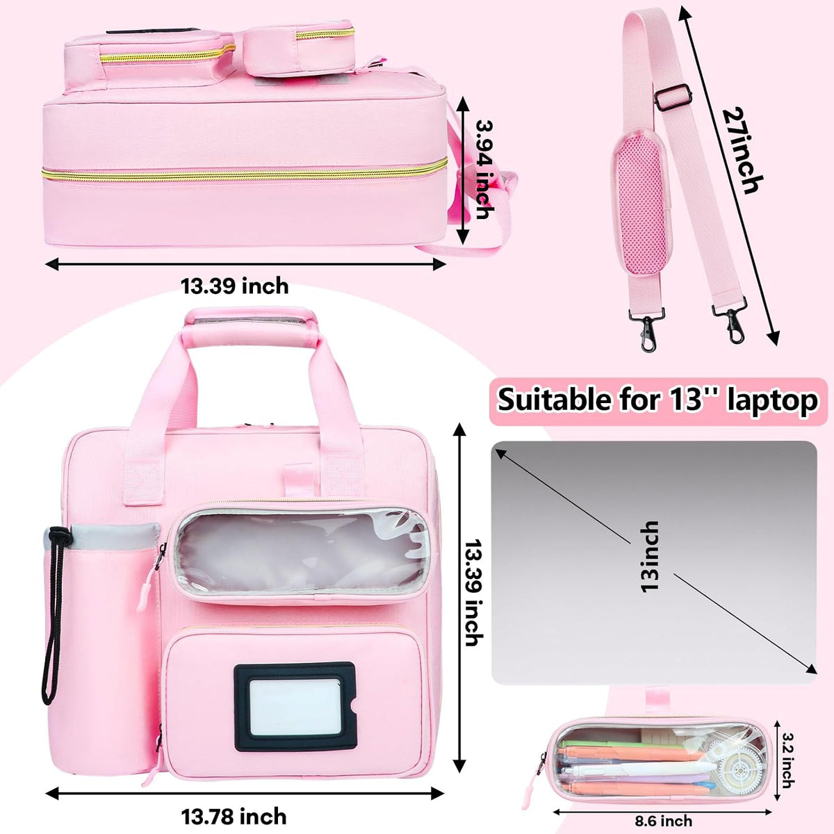 3 Inch D-Ring Zipper Binder Bag, 700 Sheet Capacity Multi-Pockets Organizer, 13 Inch Laptop Carrying Case with Bottle Holder& Shoulder Strap for School Office (Pink)