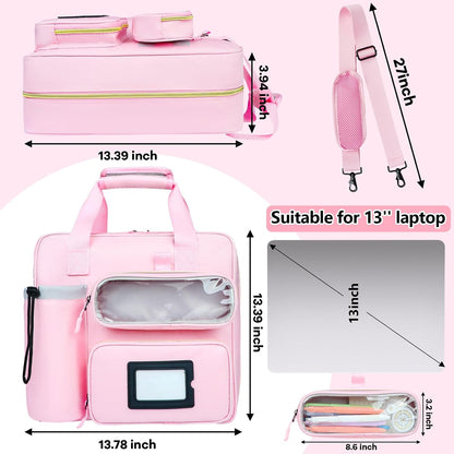 3 Inch D-Ring Zipper Binder Bag, 700 Sheet Capacity Multi-Pockets Organizer, 13 Inch Laptop Carrying Case with Bottle Holder& Shoulder Strap for School Office (Pink)