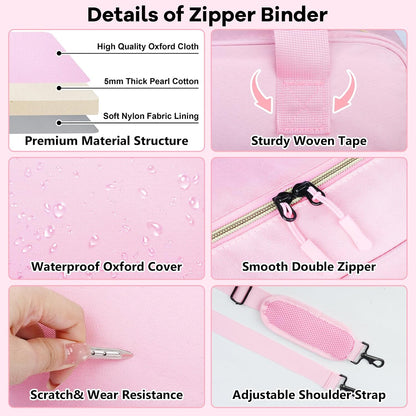 3 Inch D-Ring Zipper Binder Bag, 700 Sheet Capacity Multi-Pockets Organizer, 13 Inch Laptop Carrying Case with Bottle Holder& Shoulder Strap for School Office (Pink)