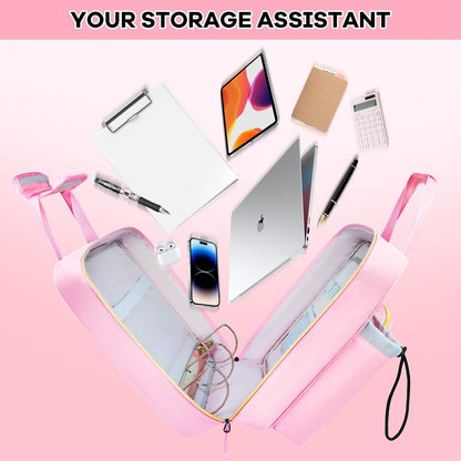 3 Inch D-Ring Zipper Binder Bag, 700 Sheet Capacity Multi-Pockets Organizer, 13 Inch Laptop Carrying Case with Bottle Holder& Shoulder Strap for School Office (Pink)