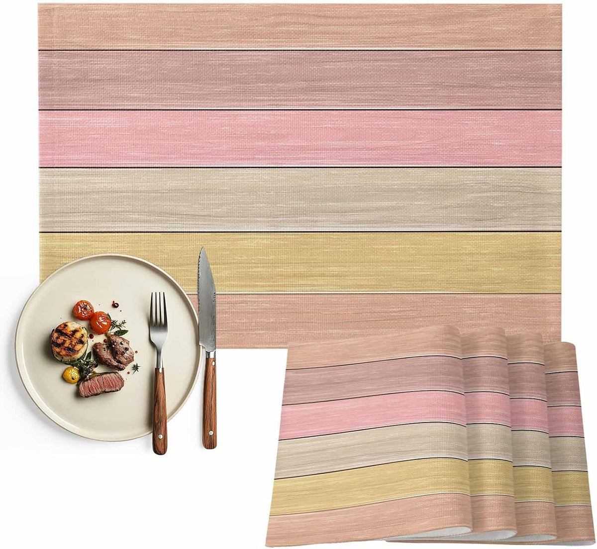 Placemats Set of 1, Peach Pink Wood Grain Cotton Linen Place Mats, Farmhouse Wooden Plank Washable Table Mats for Kitchen Holiday Dining Table Decor