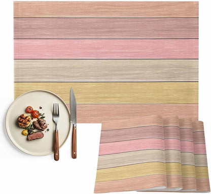 Placemats Set of 1, Peach Pink Wood Grain Cotton Linen Place Mats, Farmhouse Wooden Plank Washable Table Mats for Kitchen Holiday Dining Table Decor