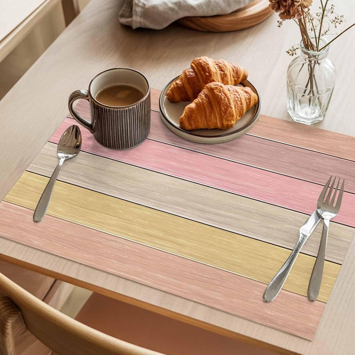 Placemats Set of 1, Peach Pink Wood Grain Cotton Linen Place Mats, Farmhouse Wooden Plank Washable Table Mats for Kitchen Holiday Dining Table Decor