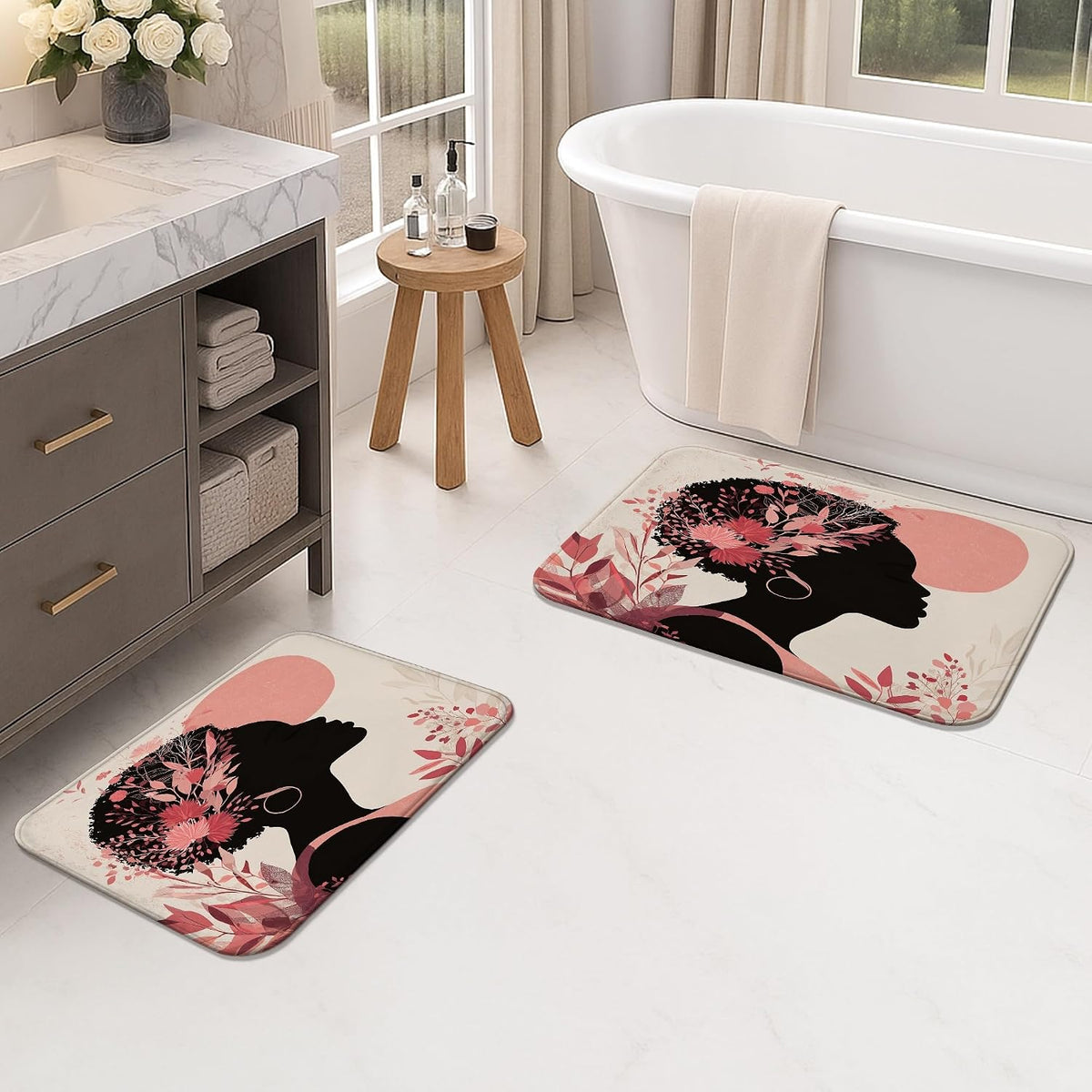 Floral Silhouette Quick Dry Bath Mat, Elegant Peach Flowers Artistic Non Slip Shower Mat, Spring Decorative Flannel Washable Bath Rugs for Bathroom Toilet Restroom 20x32 Inch
