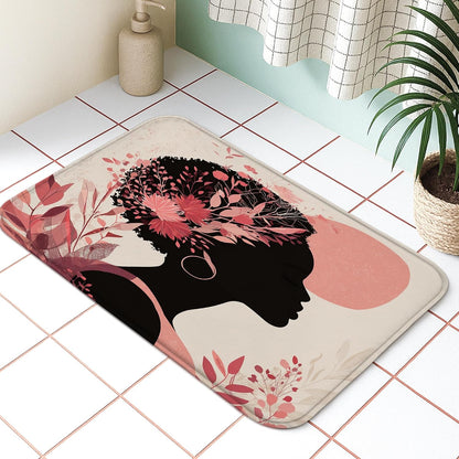 Floral Silhouette Quick Dry Bath Mat, Elegant Peach Flowers Artistic Non Slip Shower Mat, Spring Decorative Flannel Washable Bath Rugs for Bathroom Toilet Restroom 20x32 Inch