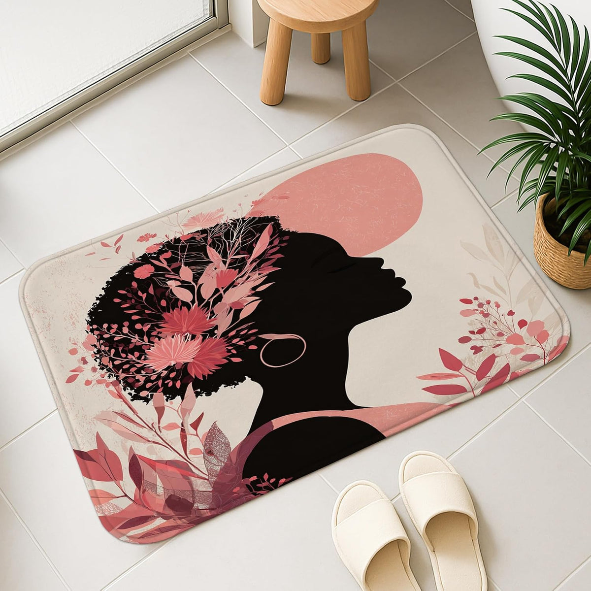 Floral Silhouette Quick Dry Bath Mat, Elegant Peach Flowers Artistic Non Slip Shower Mat, Spring Decorative Flannel Washable Bath Rugs for Bathroom Toilet Restroom 20x32 Inch