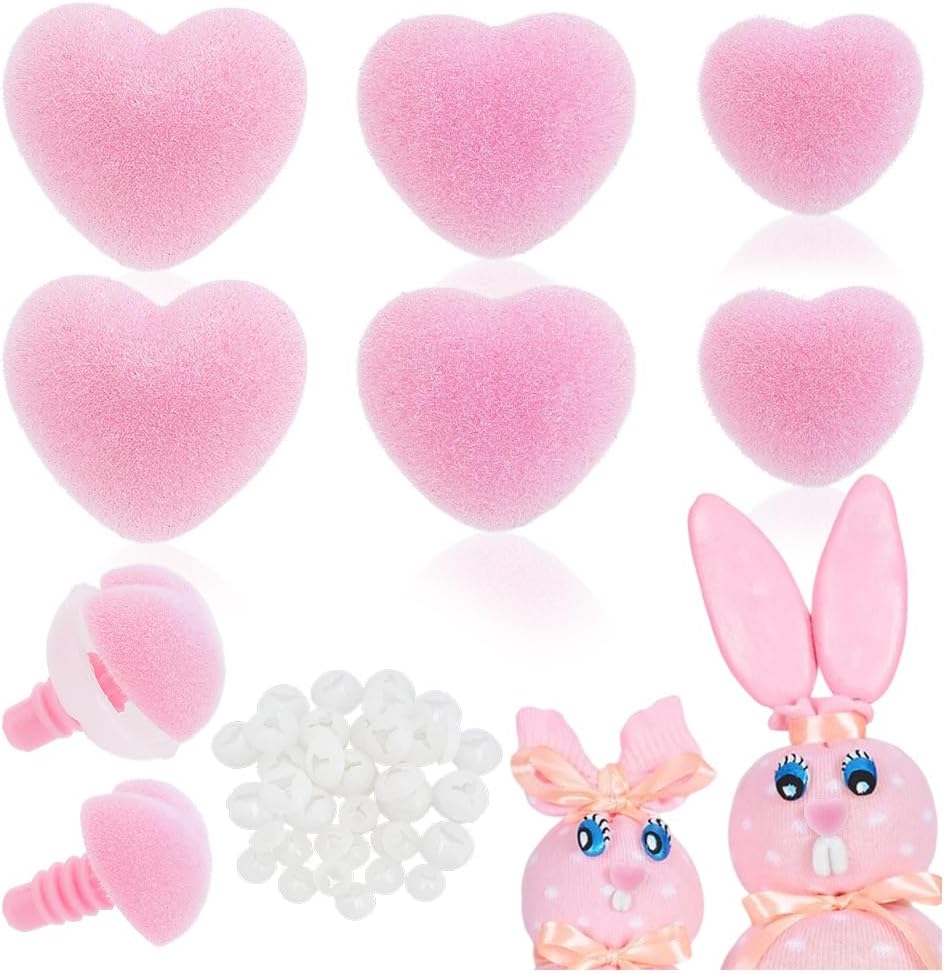 42 Sets Flocking Safety Noses 3 Sizes Pink Heart Noses Crafts Animal Nose Plastic Nose with Washers for Animal Puppet Teddy Bear DIY Sewing Crafting Crochet