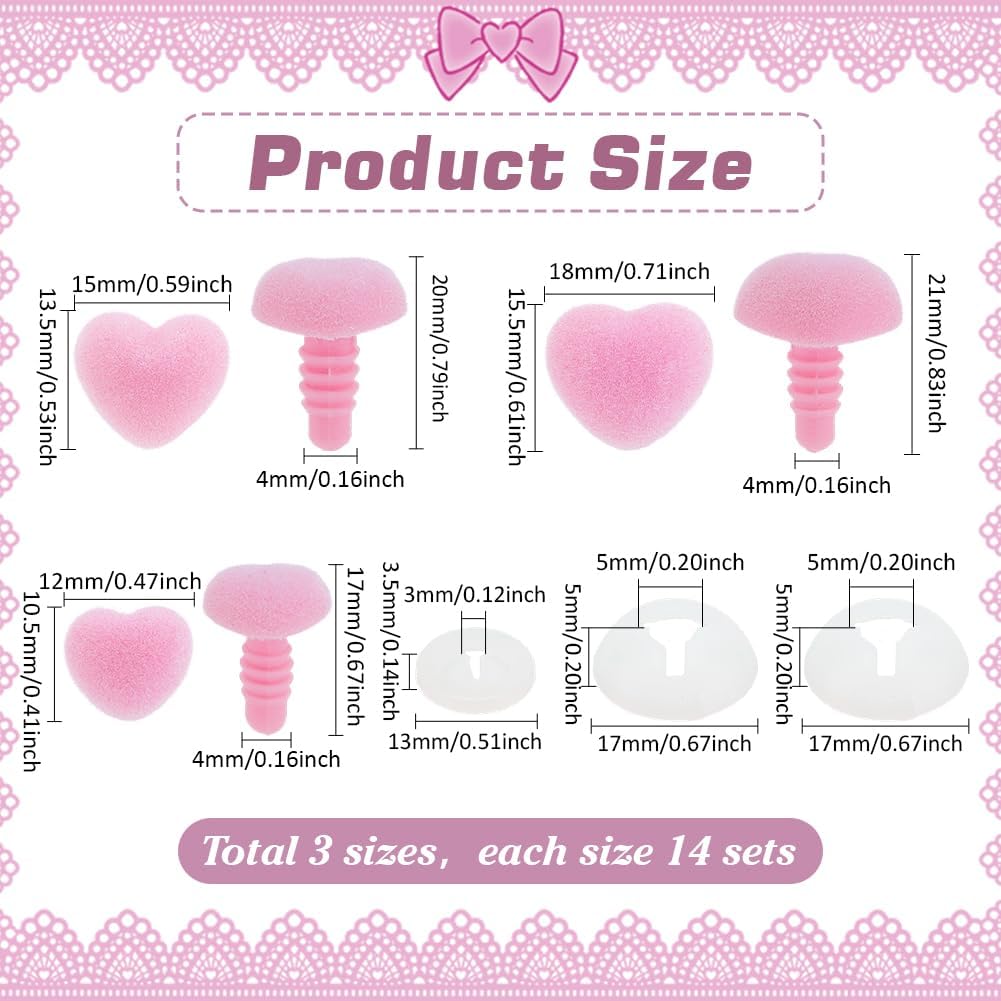 42 Sets Flocking Safety Noses 3 Sizes Pink Heart Noses Crafts Animal Nose Plastic Nose with Washers for Animal Puppet Teddy Bear DIY Sewing Crafting Crochet