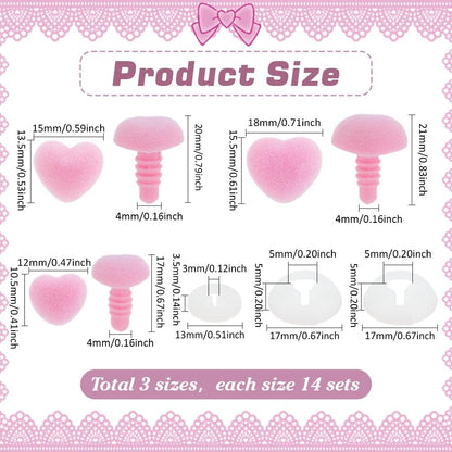 42 Sets Flocking Safety Noses 3 Sizes Pink Heart Noses Crafts Animal Nose Plastic Nose with Washers for Animal Puppet Teddy Bear DIY Sewing Crafting Crochet