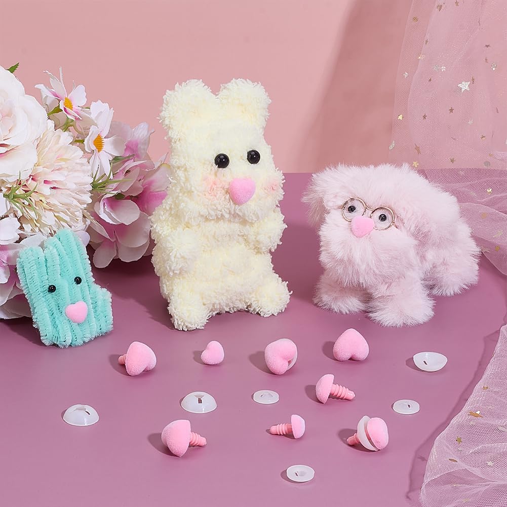 42 Sets Flocking Safety Noses 3 Sizes Pink Heart Noses Crafts Animal Nose Plastic Nose with Washers for Animal Puppet Teddy Bear DIY Sewing Crafting Crochet