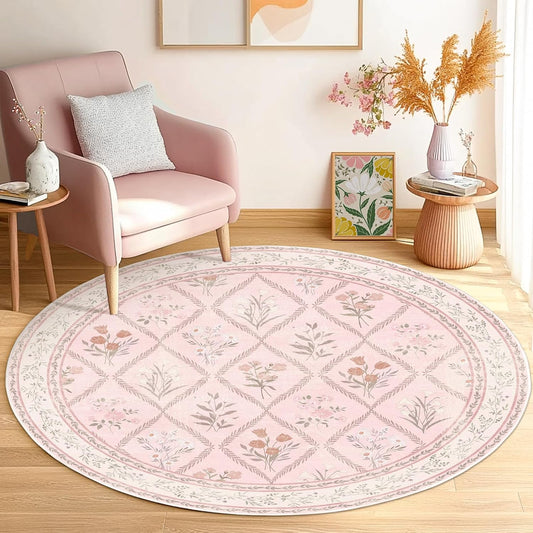 4 Ft Machine Washable Pink Floral Round Rug, Non-Slip, Pink