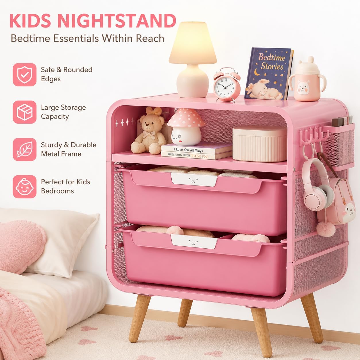 Pink Nightstand, Cute End Table with Storage Drawer, Kids Nightstand for Bedroom Furniture, Bedside Table Small Desk Coffee Table for Living Room, Dorm, Office