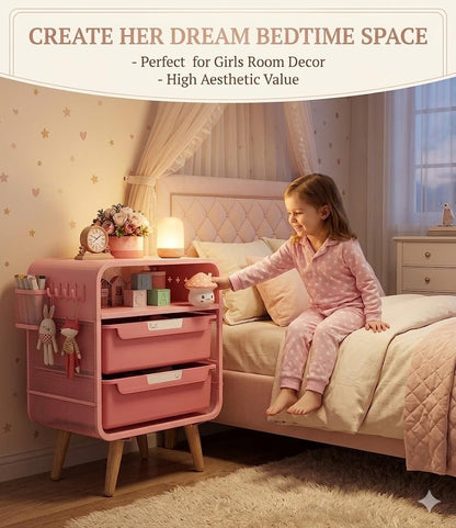 Pink Nightstand, Cute End Table with Storage Drawer, Kids Nightstand for Bedroom Furniture, Bedside Table Small Desk Coffee Table for Living Room, Dorm, Office
