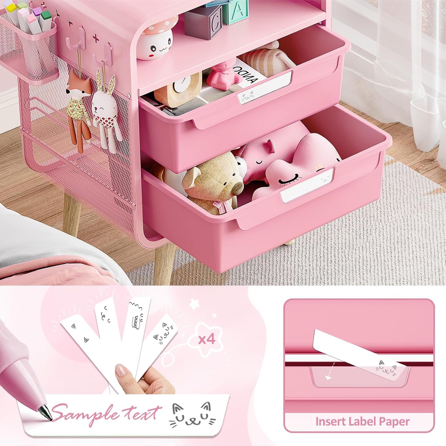 Pink Nightstand, Cute End Table with Storage Drawer, Kids Nightstand for Bedroom Furniture, Bedside Table Small Desk Coffee Table for Living Room, Dorm, Office