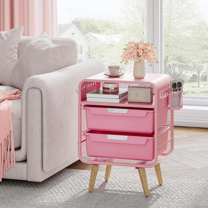 Pink Nightstand, Cute End Table with Storage Drawer, Kids Nightstand for Bedroom Furniture, Bedside Table Small Desk Coffee Table for Living Room, Dorm, Office