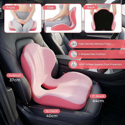 Memory Foam Seat Cushion with Lumbar Support Pillow for Truck Driver, Ergonomic L-Shaped Car Seat Cushion for Tailbone Pressure Relief, Non-Slip Chair Pad for Long Driving (Pink)