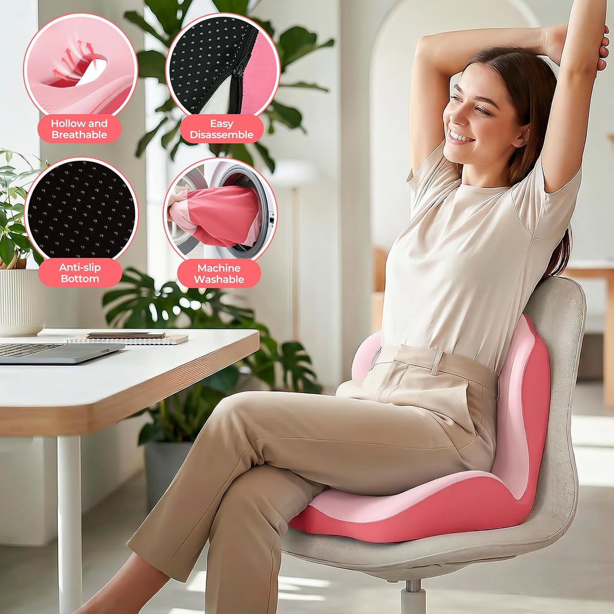 Memory Foam Seat Cushion with Lumbar Support Pillow for Truck Driver, Ergonomic L-Shaped Car Seat Cushion for Tailbone Pressure Relief, Non-Slip Chair Pad for Long Driving (Pink)