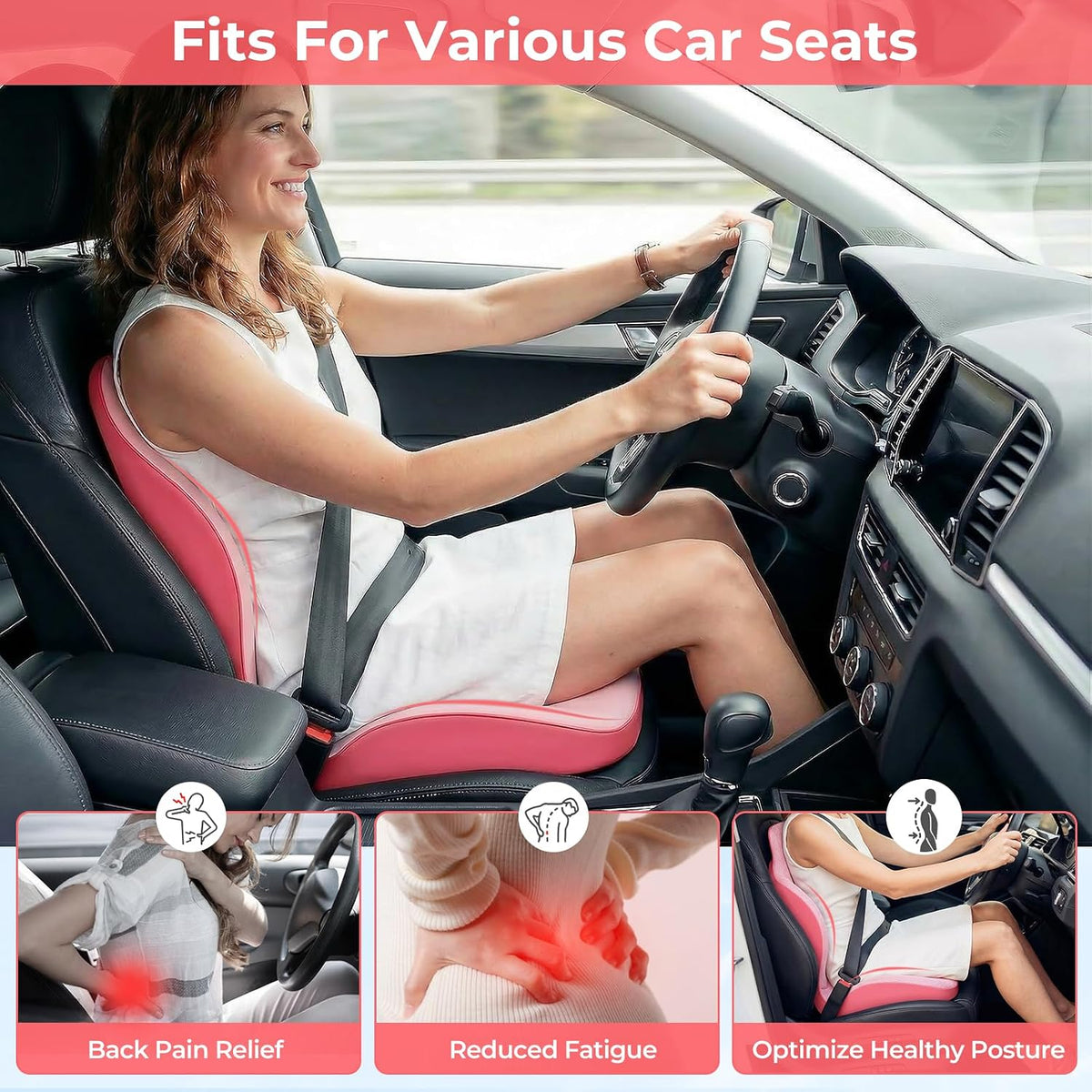 Memory Foam Seat Cushion with Lumbar Support Pillow for Truck Driver, Ergonomic L-Shaped Car Seat Cushion for Tailbone Pressure Relief, Non-Slip Chair Pad for Long Driving (Pink)