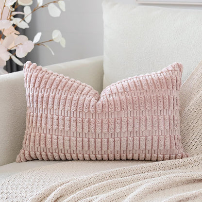 Corduroy Decorative Throw Pillow Covers 12x20 Inch Super Soft Boho Striped Rectangle Pillow Covers Case Modern Cushion Covers for Sofa Couch Bedroom Car Decor Pink