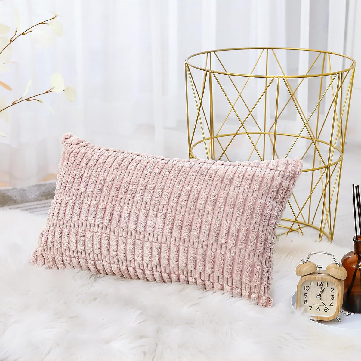 Corduroy Decorative Throw Pillow Covers 12x20 Inch Super Soft Boho Striped Rectangle Pillow Covers Case Modern Cushion Covers for Sofa Couch Bedroom Car Decor Pink