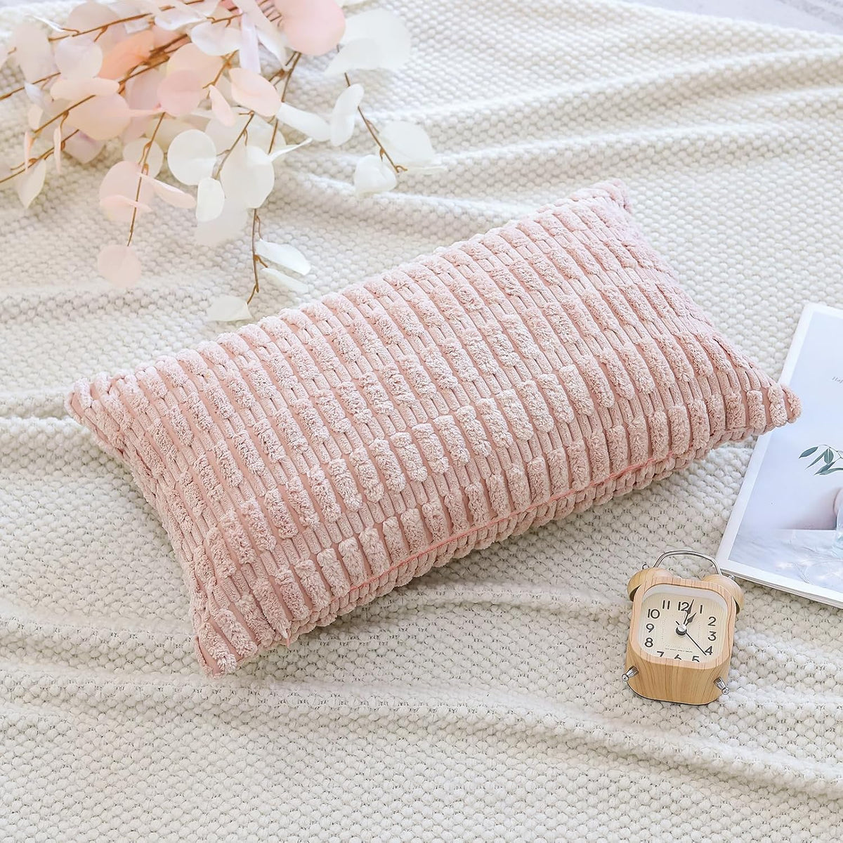Corduroy Decorative Throw Pillow Covers 12x20 Inch Super Soft Boho Striped Rectangle Pillow Covers Case Modern Cushion Covers for Sofa Couch Bedroom Car Decor Pink