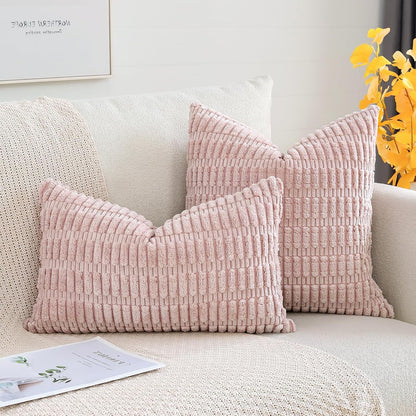 Corduroy Decorative Throw Pillow Covers 12x20 Inch Super Soft Boho Striped Rectangle Pillow Covers Case Modern Cushion Covers for Sofa Couch Bedroom Car Decor Pink