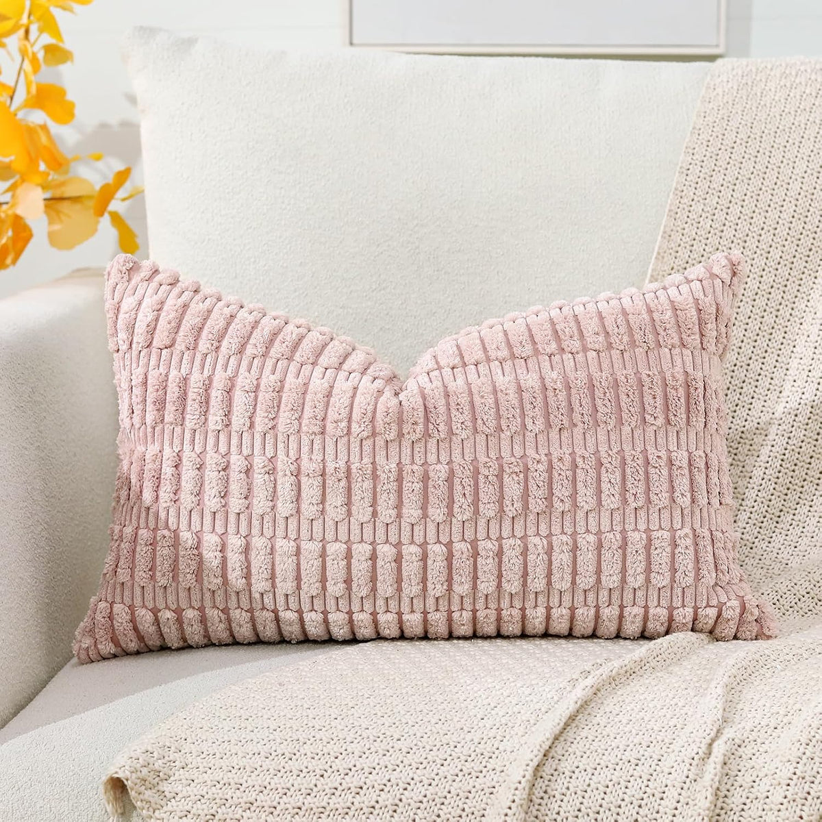 Corduroy Decorative Throw Pillow Covers 12x20 Inch Super Soft Boho Striped Rectangle Pillow Covers Case Modern Cushion Covers for Sofa Couch Bedroom Car Decor Pink