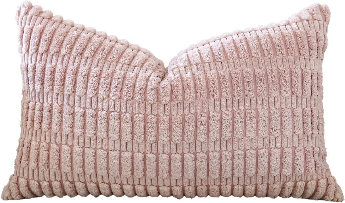 Corduroy Decorative Throw Pillow Covers 12x20 Inch Super Soft Boho Striped Rectangle Pillow Covers Case Modern Cushion Covers for Sofa Couch Bedroom Car Decor Pink
