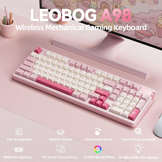 LEOBOG A98 Wireless Mechanical Pink Creamy Keyboard with Number Pad Knob
