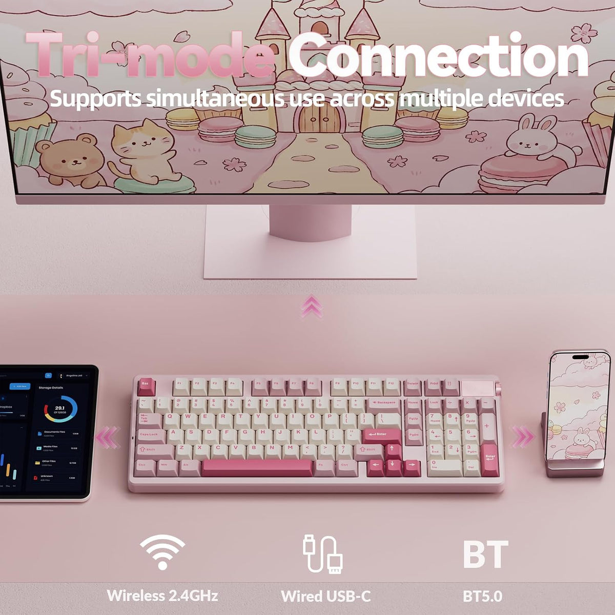 LEOBOG A98 Wireless Mechanical Pink Creamy Keyboard with Number Pad Knob