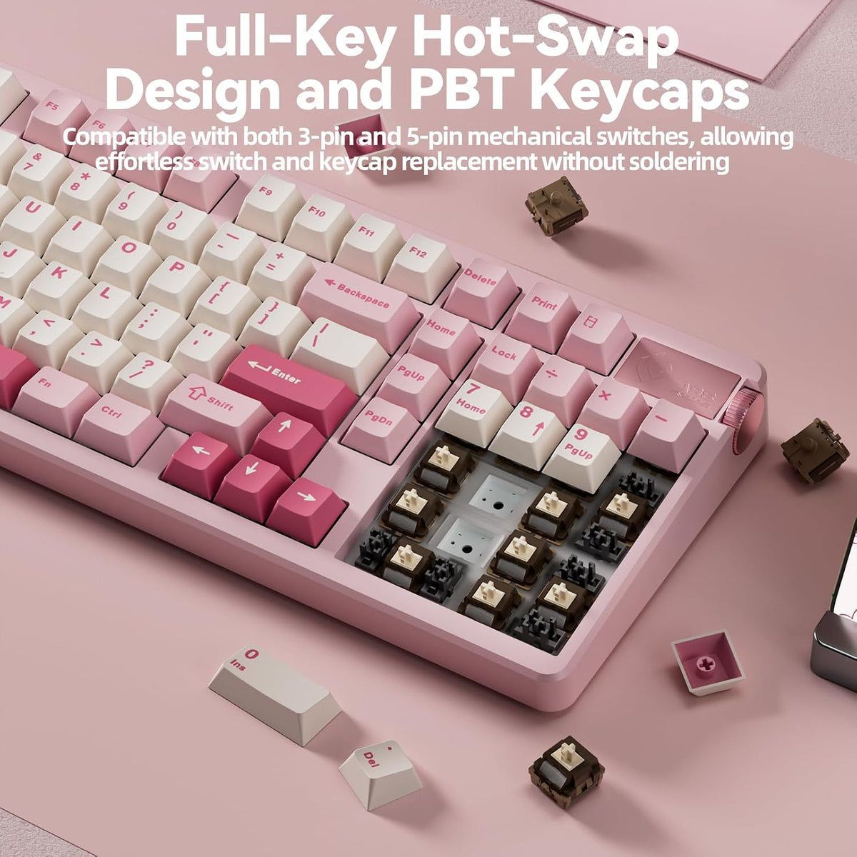 LEOBOG A98 Wireless Mechanical Pink Creamy Keyboard with Number Pad Knob