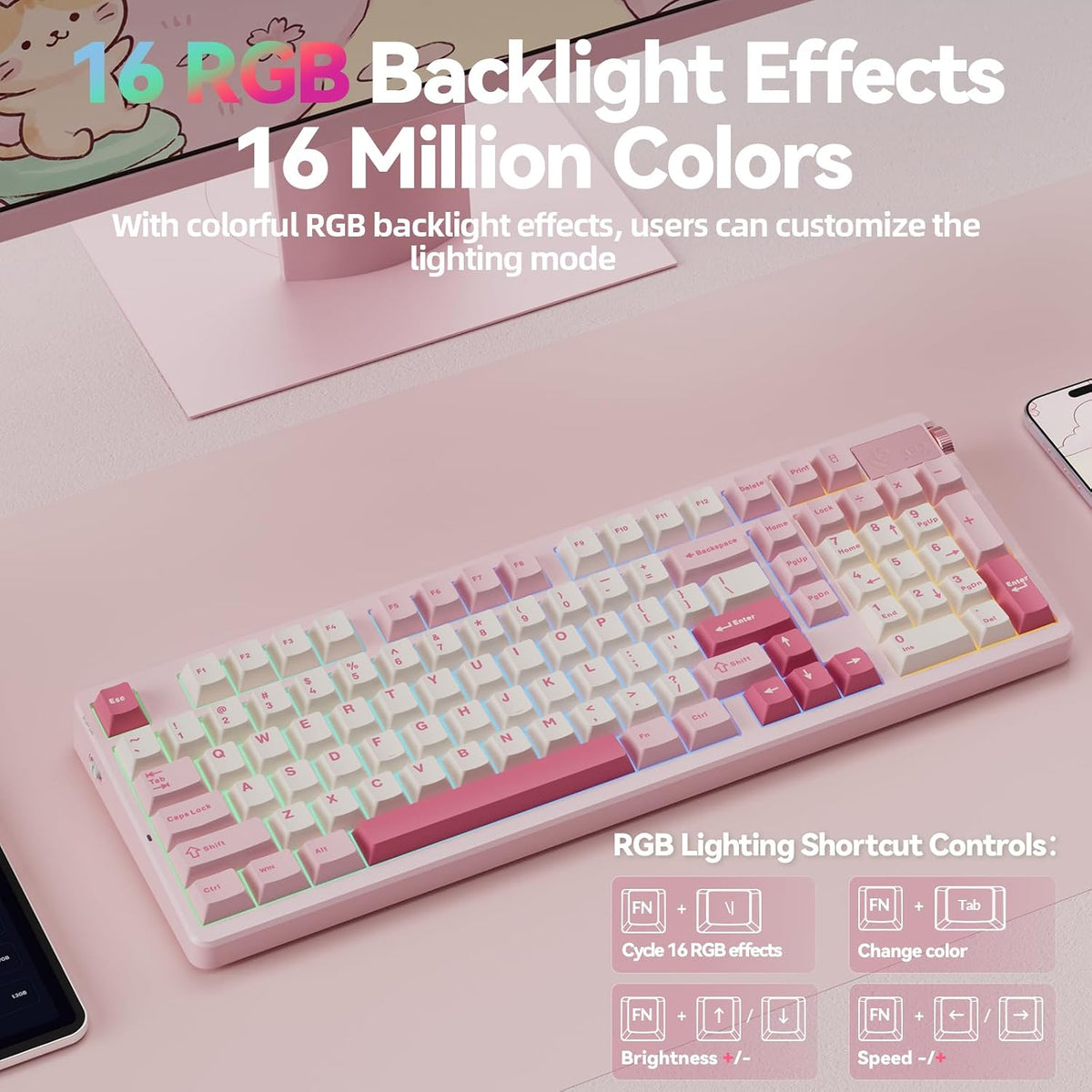 LEOBOG A98 Wireless Mechanical Pink Creamy Keyboard with Number Pad Knob