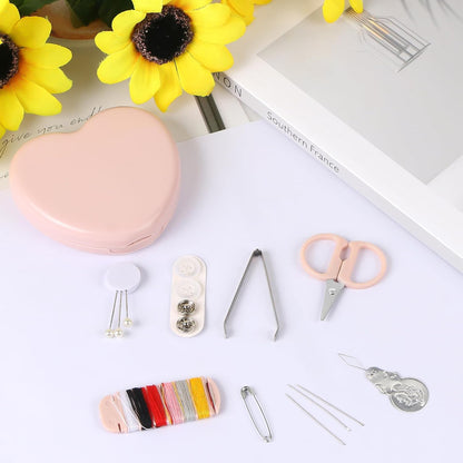 Heart Shaped Portable Travel Sewing Repair Kit - Mini Box with Threads, Scissors, DIY Hand Sewing Needles, Pink