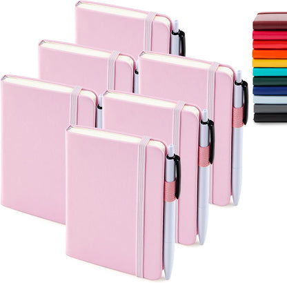 6 Pack Pocket Small Notebooks Bulk, Mini Cute Memo Notepads Hardcover College Ruled Lined Journals with Pen Holder for Women Girls Office School, with 6 Black Pens, 3.5”x 5.5”, A6, Rose Pink