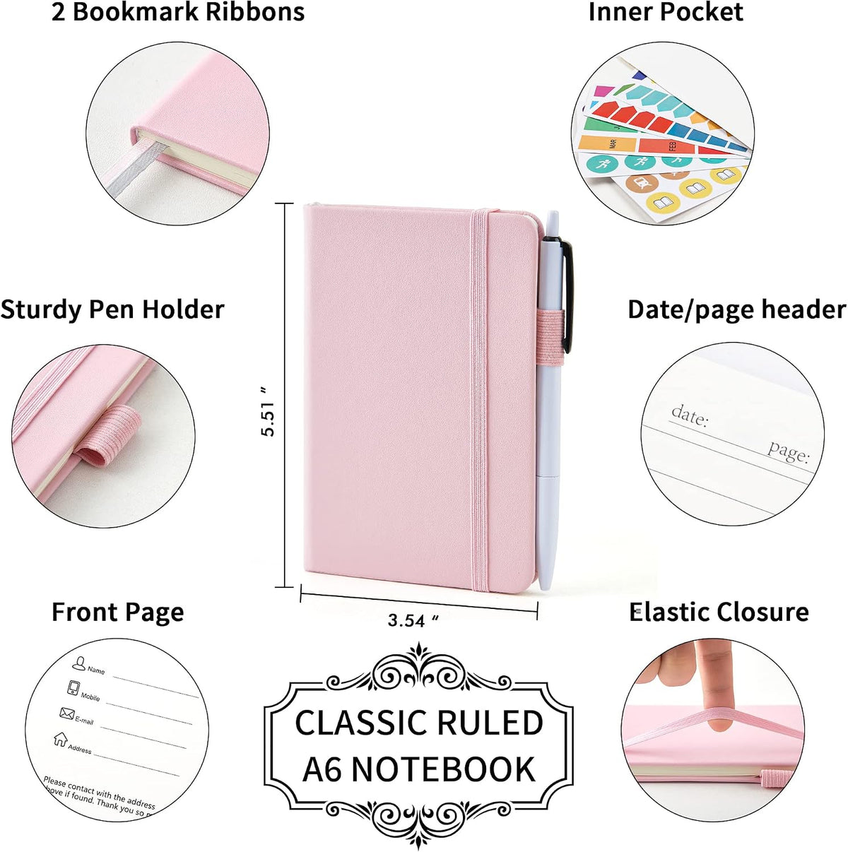 6 Pack Pocket Small Notebooks Bulk, Mini Cute Memo Notepads Hardcover College Ruled Lined Journals with Pen Holder for Women Girls Office School, with 6 Black Pens, 3.5”x 5.5”, A6, Rose Pink