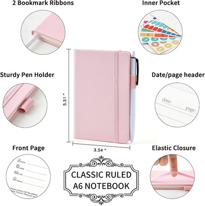 6 Pack Pocket Small Notebooks Bulk, Mini Cute Memo Notepads Hardcover College Ruled Lined Journals with Pen Holder for Women Girls Office School, with 6 Black Pens, 3.5”x 5.5”, A6, Rose Pink