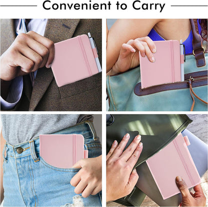 6 Pack Pocket Small Notebooks Bulk, Mini Cute Memo Notepads Hardcover College Ruled Lined Journals with Pen Holder for Women Girls Office School, with 6 Black Pens, 3.5”x 5.5”, A6, Rose Pink