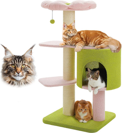 50" Pink Flower Cat Tree for Large Heavy Cats, Maine Coon Cat Tower with Extra Thick Scratching Posts (φ4.3in), Spacious Cat Condo for Big Cats 20 lbs, Soft Top Bed-Green