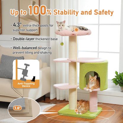 50" Pink Flower Cat Tree for Large Heavy Cats, Maine Coon Cat Tower with Extra Thick Scratching Posts (φ4.3in), Spacious Cat Condo for Big Cats 20 lbs, Soft Top Bed-Green